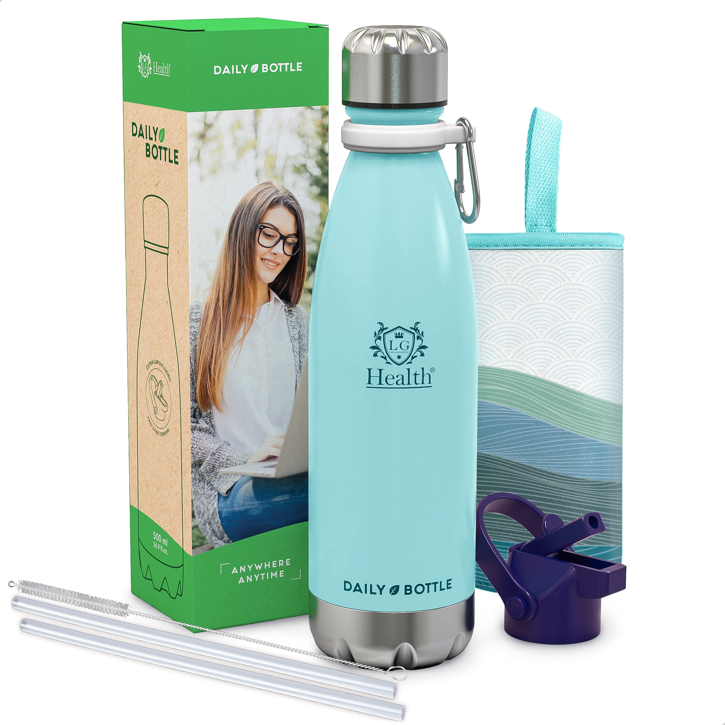 LG Luxury & Grace Insulated Stainless Steel Water Bottle 500ml Insulated Bottle for Hot and Cold Beverages Double Wall Water Bottle BPA Free Neoprene Case + Carabiner