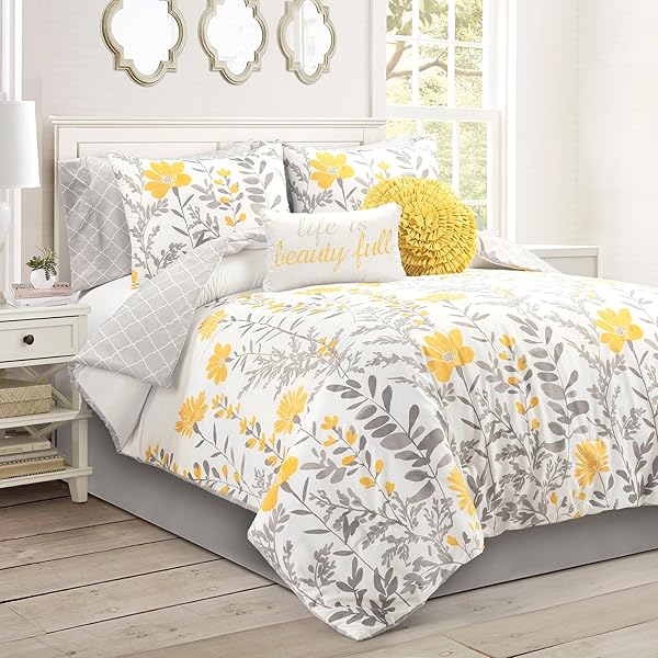 LUSH DECOR APRILE SOFT REVERSIBLE FLORAL COMFORTER SET, 8 PIECE SET, KING, YELLOW & GRAY – FLORAL BEDDING SET – KING SIZED COMFORTER – YELLOW BEDDING – SPRING HOME DECOR – COTTAGE – FARMHOUSE