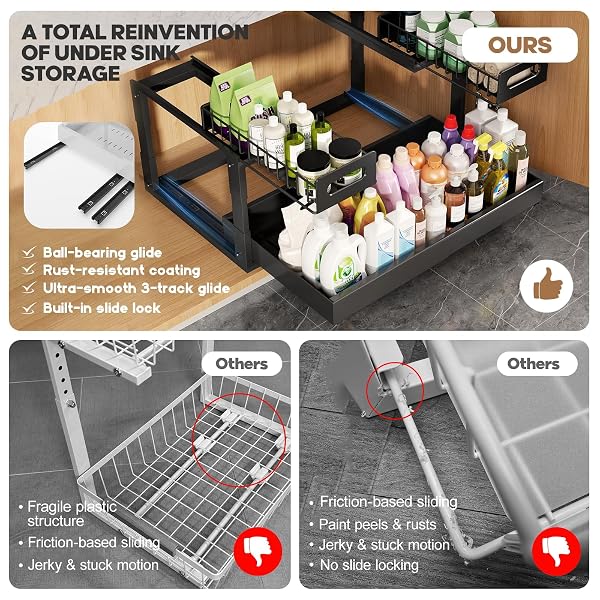 1 PACK EXPANDABLE UNDER SINK ORGANIZERS AND STORAGE WITH UPGRADE BALL-BEARING SLIDE TRACKS,2-TIER PULL OUT UNDER CABINET ORGANIZER HEIGHT ADJUSTABLE,SLIDE OUT UNDER SINK DRAWERS-BLACK(PATENT PENDING)