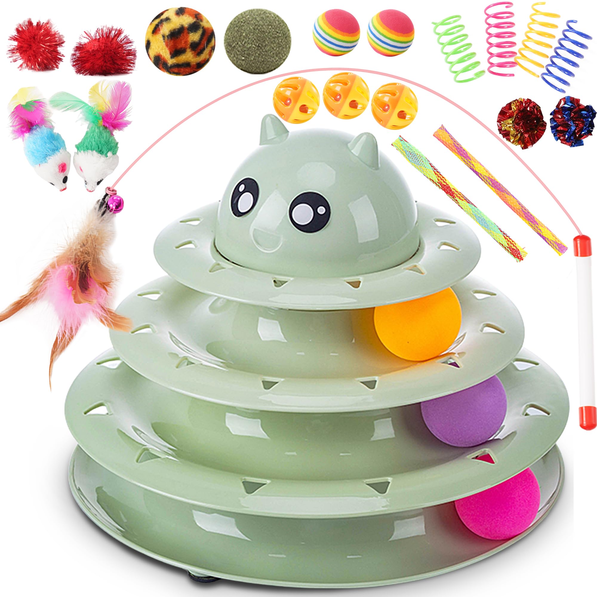 Vealind Cat Toys Bundle 21 PCS Kitten Toy for Indoor Cats Roller Balls Interactive Fun Roller 4 Level Cat Tower for Exerciser Wand Kitty Toy Set (Green) — image 1
