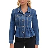 CIMUK Women's Denim Jacket Button Down Collar Ruffle Hem with Pockets Peplum Jean Jackets