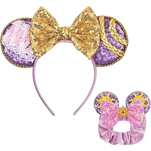 zhezesmila Purple Mouse Ears Headband with Sequins Ears Scrunchies for Women & Girls – Princess Costume Party Birthday Theme