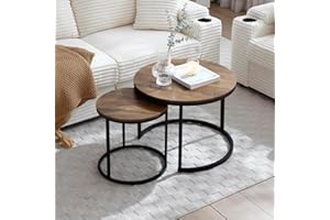 GUANGHONG Nesting Coffee Table Set of 2, Round Coffee Table w/Wood Grain Top, Modern Living Room Table with Sturdy Metal Frame, Industrial End Table Side Tables for Small Space Apartment (Black)