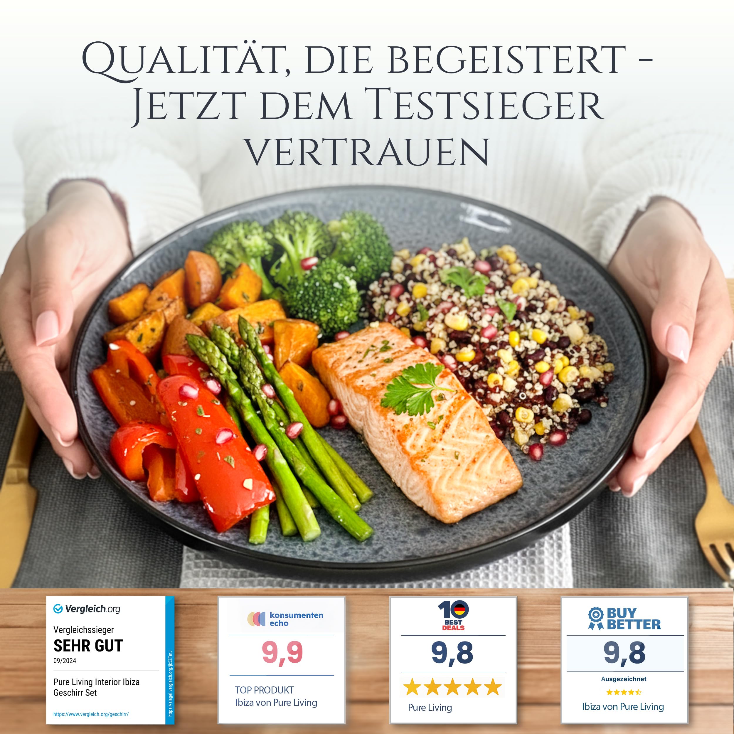 Steingut Geschirrset 6 Personen Ibiza 24 tlg. TESTSIEGER, Traumhaftes Mediterranes Steingut Geschirr Set, Schüssel- und Teller Set, Tafelservice 6 Personen, Geschirrsets Pure Living in Grau 2