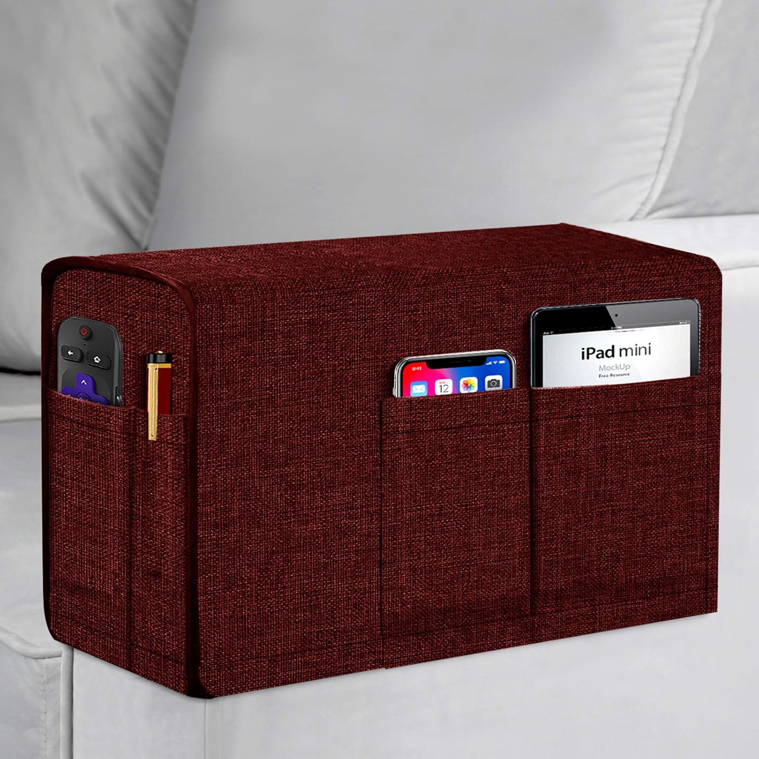 Joywell Linen Armrest Covers for Living Room Anti-Slip Sofa Arm Protector for Dogs, Cats, Pets Armchair Slipcover for Recliner with 4 Pockets for TV Remote Control, Phone, Set of 1, Burgundy: Kitchen & Dining