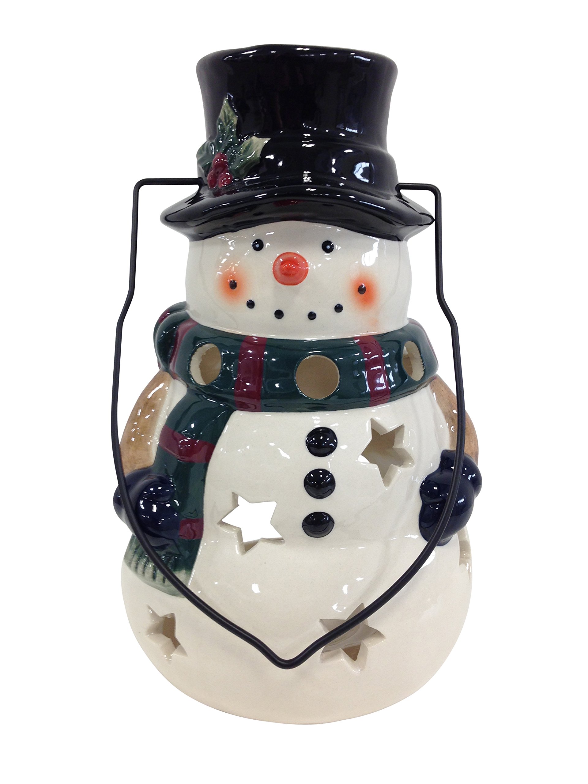 Clovers Garden Christmas Lantern with Snowman, Glazed Ceramic Stoneware