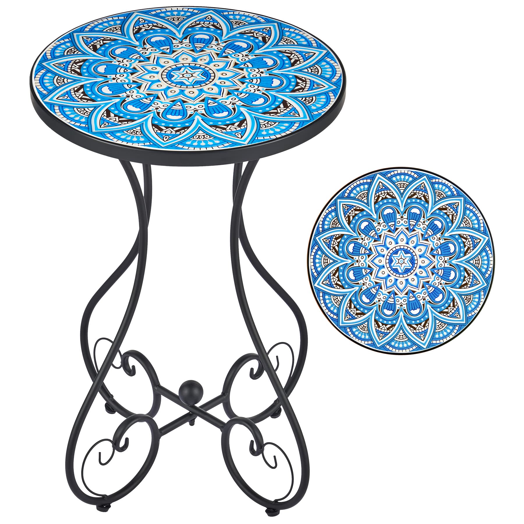 Photo 1 of VONLUCE Outdoor Side Table and Mosaic Plant Stand, 21" Round End Table with 14" Ceramic Tile Top for Patio Porch Decor, Indoor & Outdoor Accent Table, Small Coffee Table for Home Garden, Blue Mandala