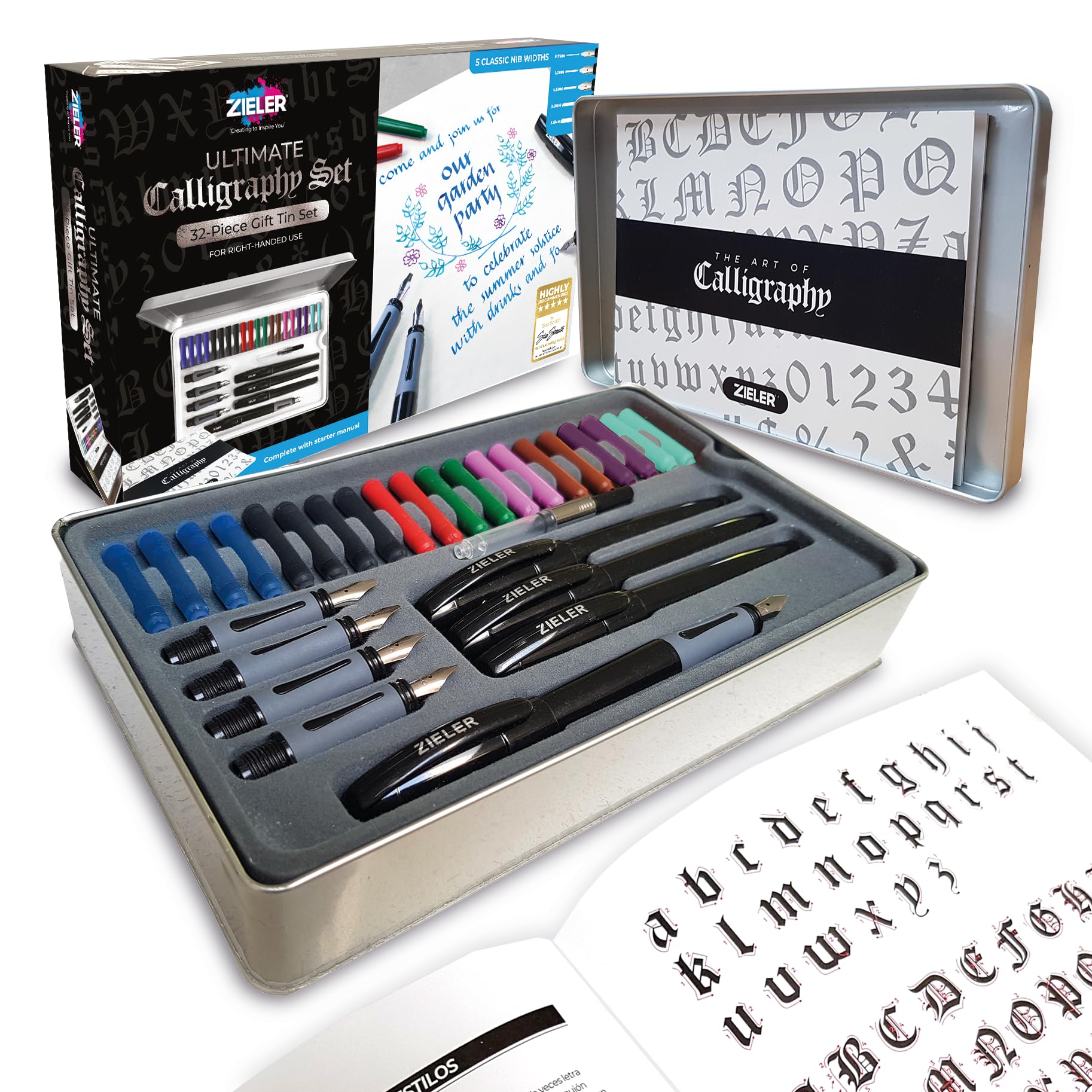 Zieler Ultimate Calligraphy Pen Set – 32-piece Gift Tin Set ● 4 Soft Grip Calligraphy Pens ● 5 free-flowing Nib sections ● 20 Ink cartridges ● Ink convertor ● with Calligraphy Starter Guide