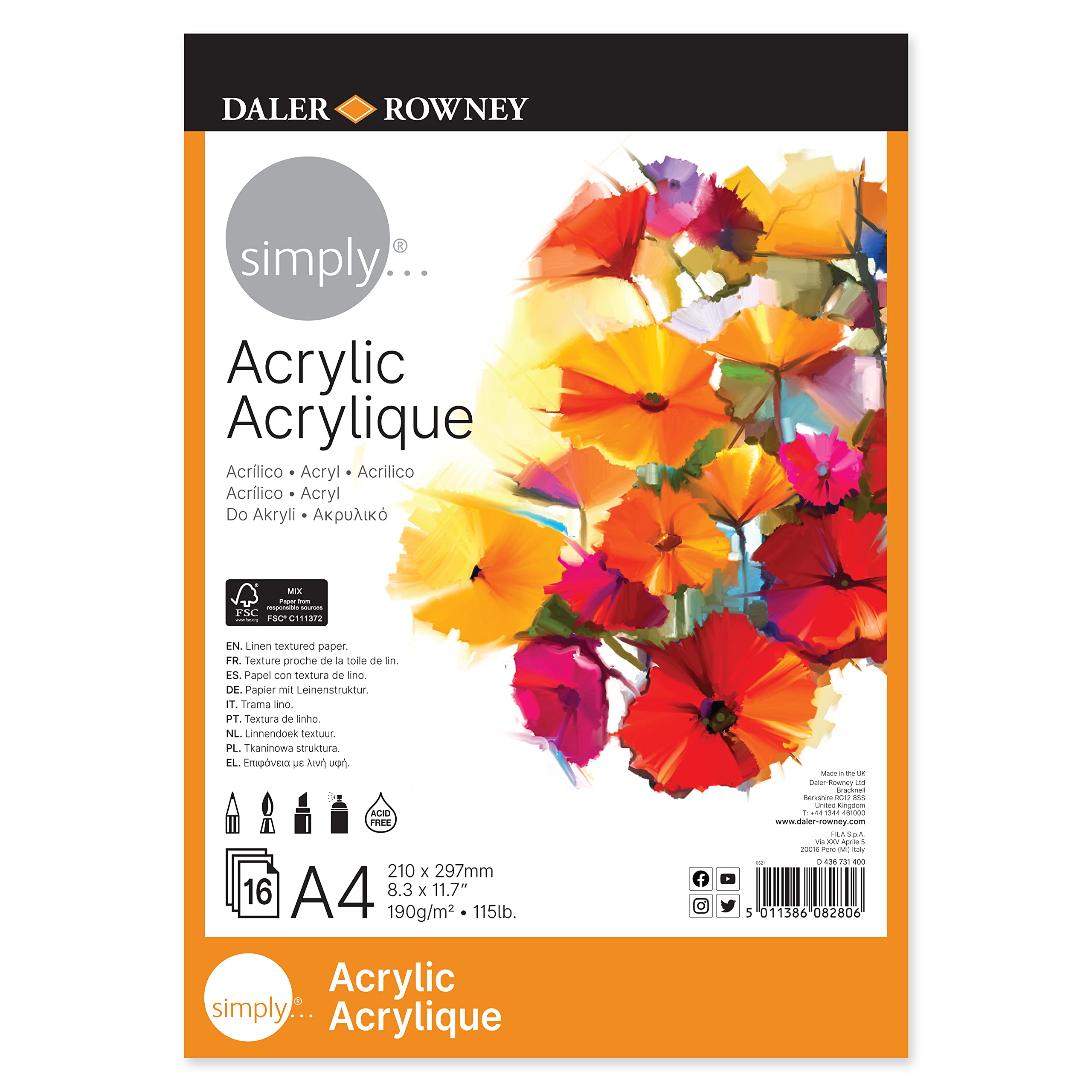 Daler-Rowney Simply Linen Texture 190gsm A4 Acrylic Paper Pad, Glued 1 Side, 16 White Sheets, For Entry-Level Artists & Hobbyists