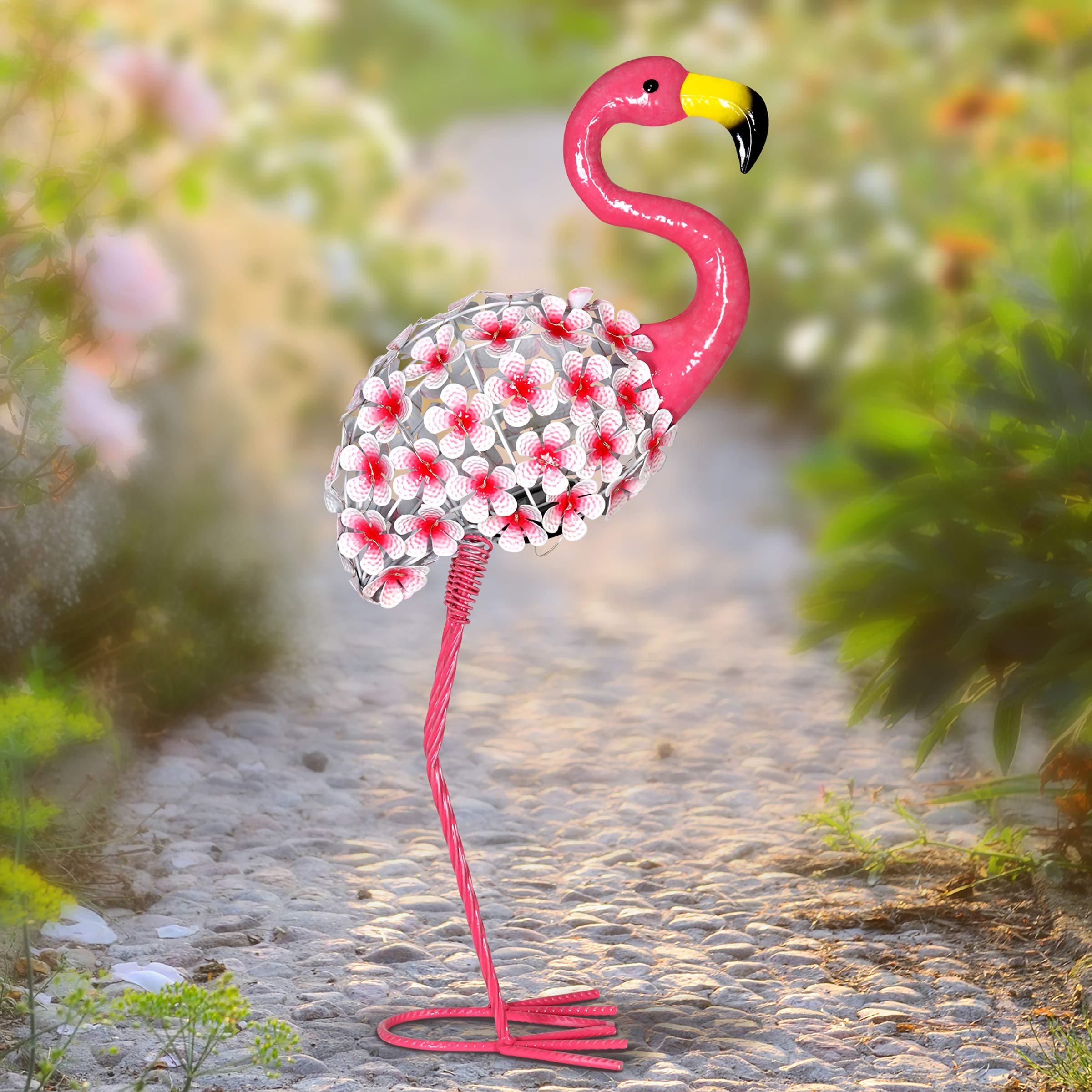 Exhart Solar Pink Flamingo w/ 26 Flower Blooms LED Lights - Solar