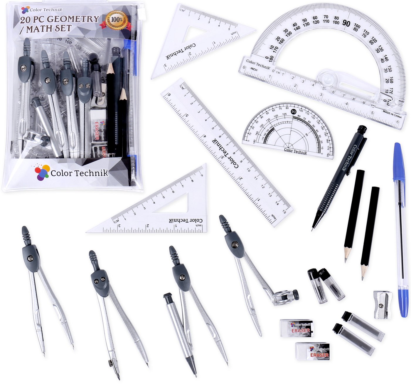 Color Technik 20 Pc Compass/Math Set with Swing Arm Protractor (6