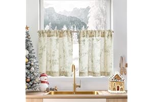 jinchan Floral Kitchen Curtains 24 Inch Linen Tier Curtains Christmas Decor Farmhouse Cafe Half Window Drapes Over Sink Light Filtering for Living Room Laundry Rod Pocket 2 Panels Sage Green on Beige