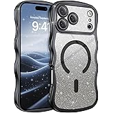 BENTOBEN for iPhone 17 Pro Max Case Clear, [Compatible with MagSafe][Full Camera Protection][Cute Wave Frame][DIY Glitter Cardstock] Electroplated Wavy Shockproof 17ProMax Phone Case 6.9", Black