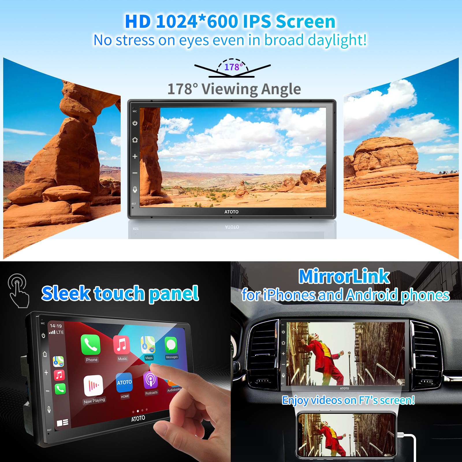 ATOTO F7WE 7inch Touchscreen Double DIN Car Stereo, Wireless CarPlay & Wireless Android Auto, in-Dash Video Receivers, Bluetooth, MirrorLink, HD LRV, Voice Control, F7G2B7WE