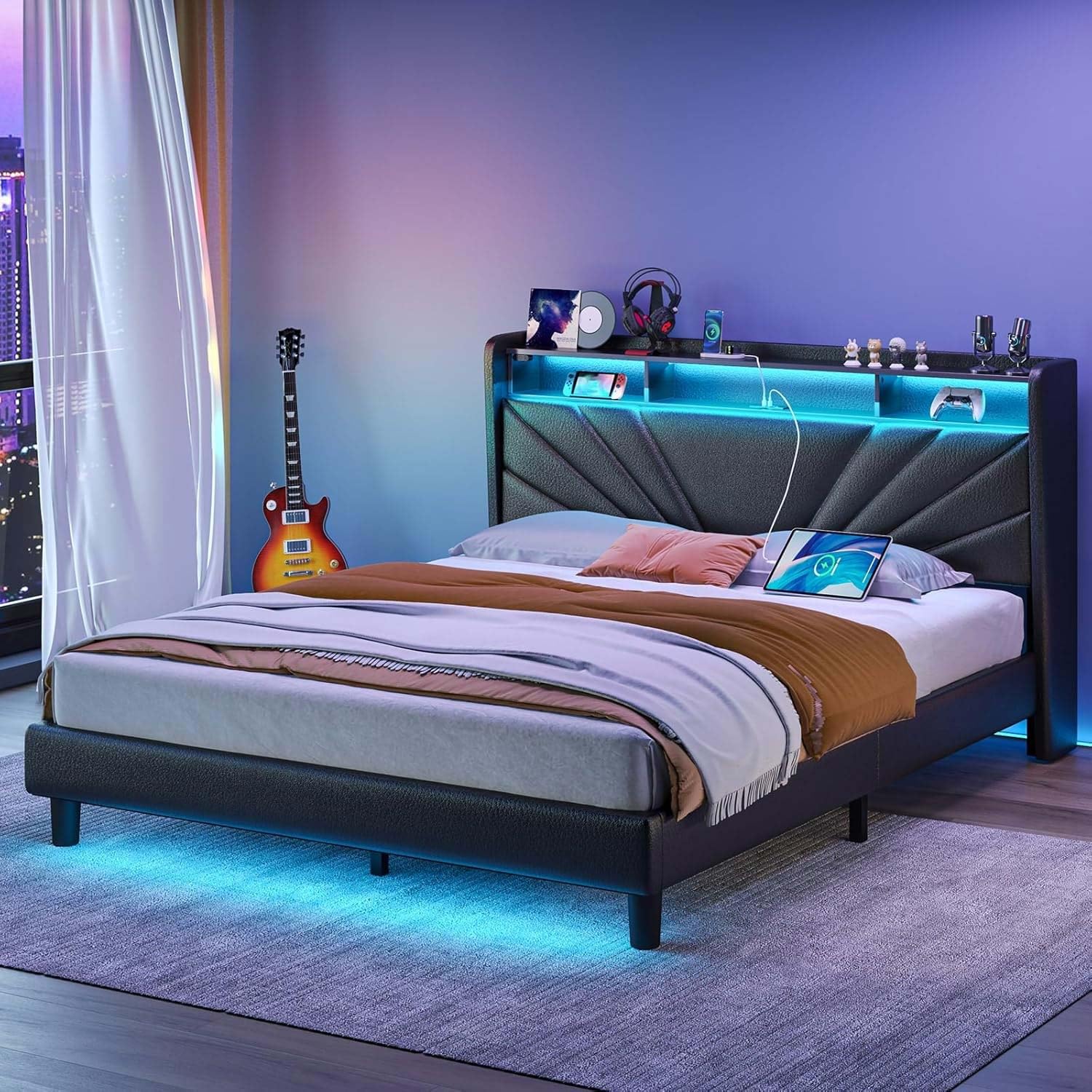 Rolanstar Full Size Bed Frame, Storage Headboard with Charging Station and LED Lights, Upholstered Bed with Heavy Duty Wood Slats, No Box Spring Needed, Noise Free, Easy Assembly, Black Image