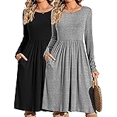 Riyiper 2 Pack Casual Dresses Women Fall Winter 2025, Long Sleeve Loose Fit Pleated Swing Dress with Pockets Knee Length