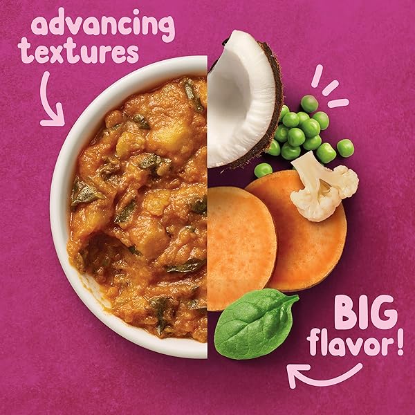 HAPPY BABY ORGANICS BABY FOOD, ADVANCING TEXTURES BOWL SWEET POTATO & COCONUT CURRY PUREE WITH DICED POTATOES, CAULIFLOWER & SPINACH, 4 OZ (PACK OF 8)