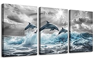 DZRWUBHS Black And White Wall Pictures Wall Art For Living Room Canvas Wall Decor For Bedroom Blue Sea Wave Dolphins Paintings Bathroom Decorations Posters Modern Office Decor Wall Artwork 3 Piece