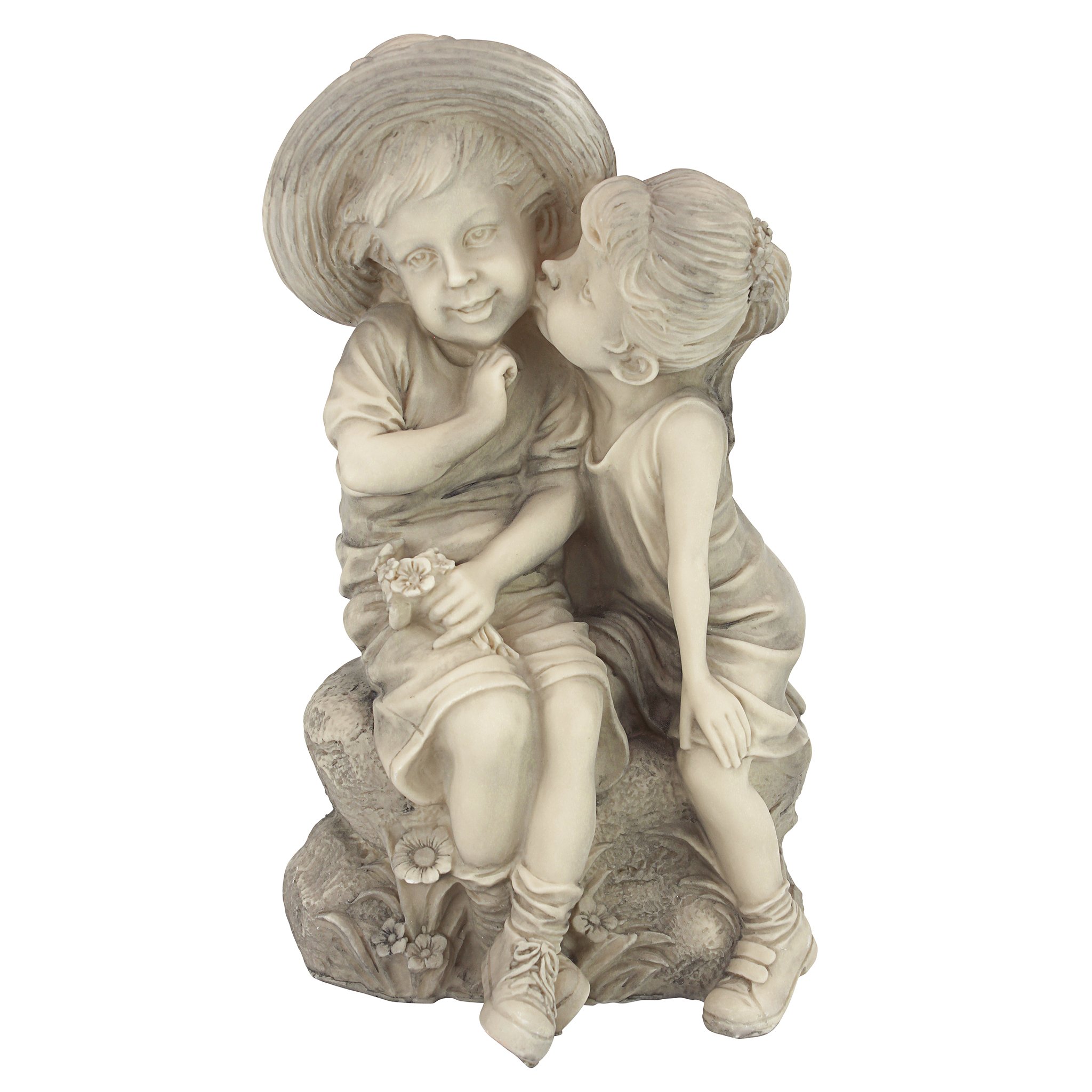 Design Toscano Kissing Kids Boy and Girl Garden Decor Statue, 35.5 cm, Polyresin, Antique Stone