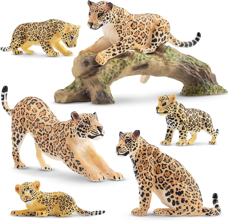 toymany 7PCS Leopard Family Figurines Cubs Tree Trunk Realistic Jungle Animals