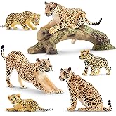 TOYMANY 7PCS Leopard Figurines with Leopard Cubs and Tree Trunk, Realistic Jungle Animals Figures Family Set, Educational Toy