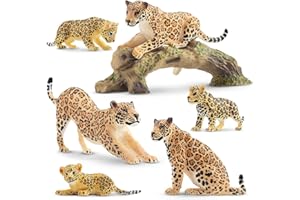 Toymany 7PCS Jaguars Figurines with Jaguars Cub and Tree Trunk, Realistic Jungle Animals Figures Family Playset, Educational Toy Cake Toppers