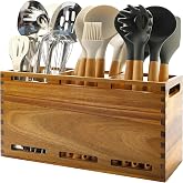 Acacia Wood Large Utensil Holder for Kitchen Counter Organizer Spoon Holder | Cooking Utensils Holder Countertop Kitchen Decor Rustic Wooden Spatula Holder Big Silverware Caddy Farmhouse Utensil Crock