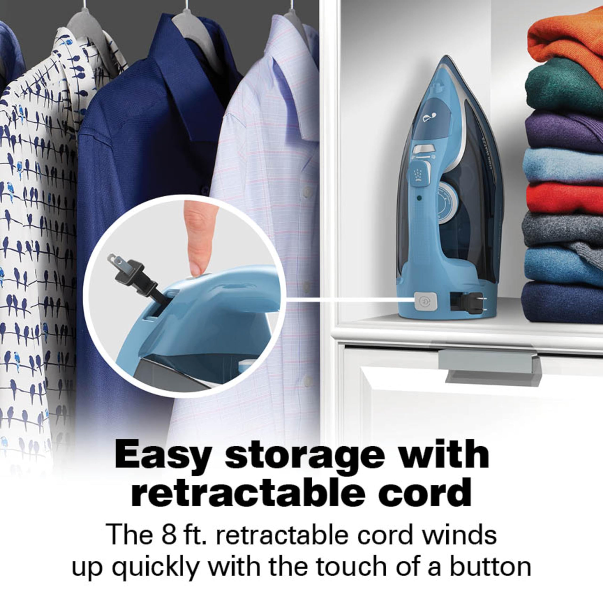 Hamilton Beach Steam Iron for Clothes & Garment Steamer with Durable Stainless Steel Soleplate, 1700 Watts for Ultra-Fast Heat, 8’ Retractable Cord, Auto Shutoff, 350 ml Water Tank, Blue (14216)