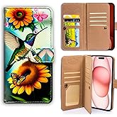 Bcov Case for iPhone 16,Green Hummingbird Butterfly Multifunction Leather Phone Case Wallet Flip Cover with Multi Card Slots Pocket Wrist Strap for Apple iPhone 16