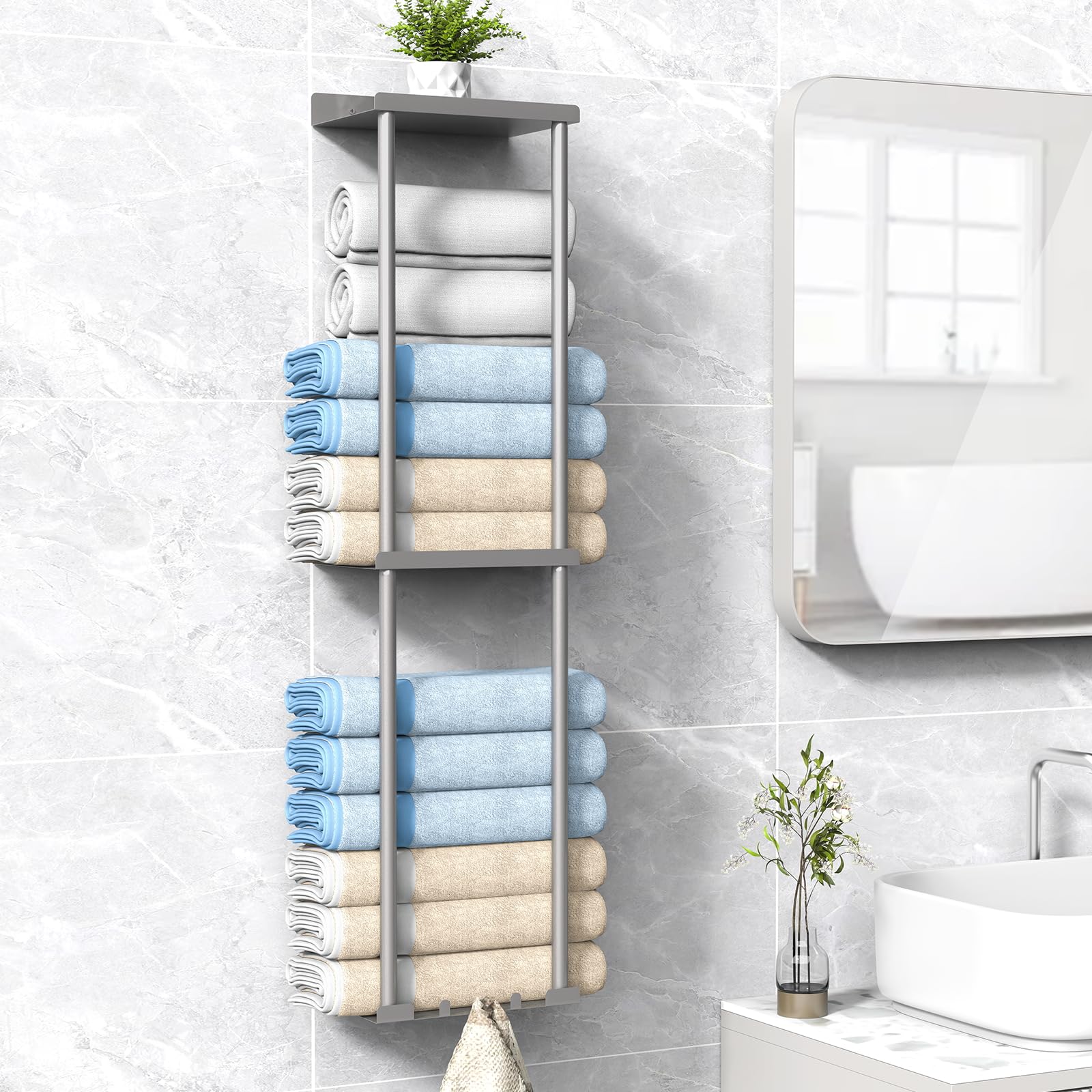 Photo 1 of Liuoud Towel Rack Storage for Bathroom, Wall Mounted Vertical Rolled Towel Organizer Holder with Shelf, Holds Up 6 Large Bath Sheets, Silver Grey