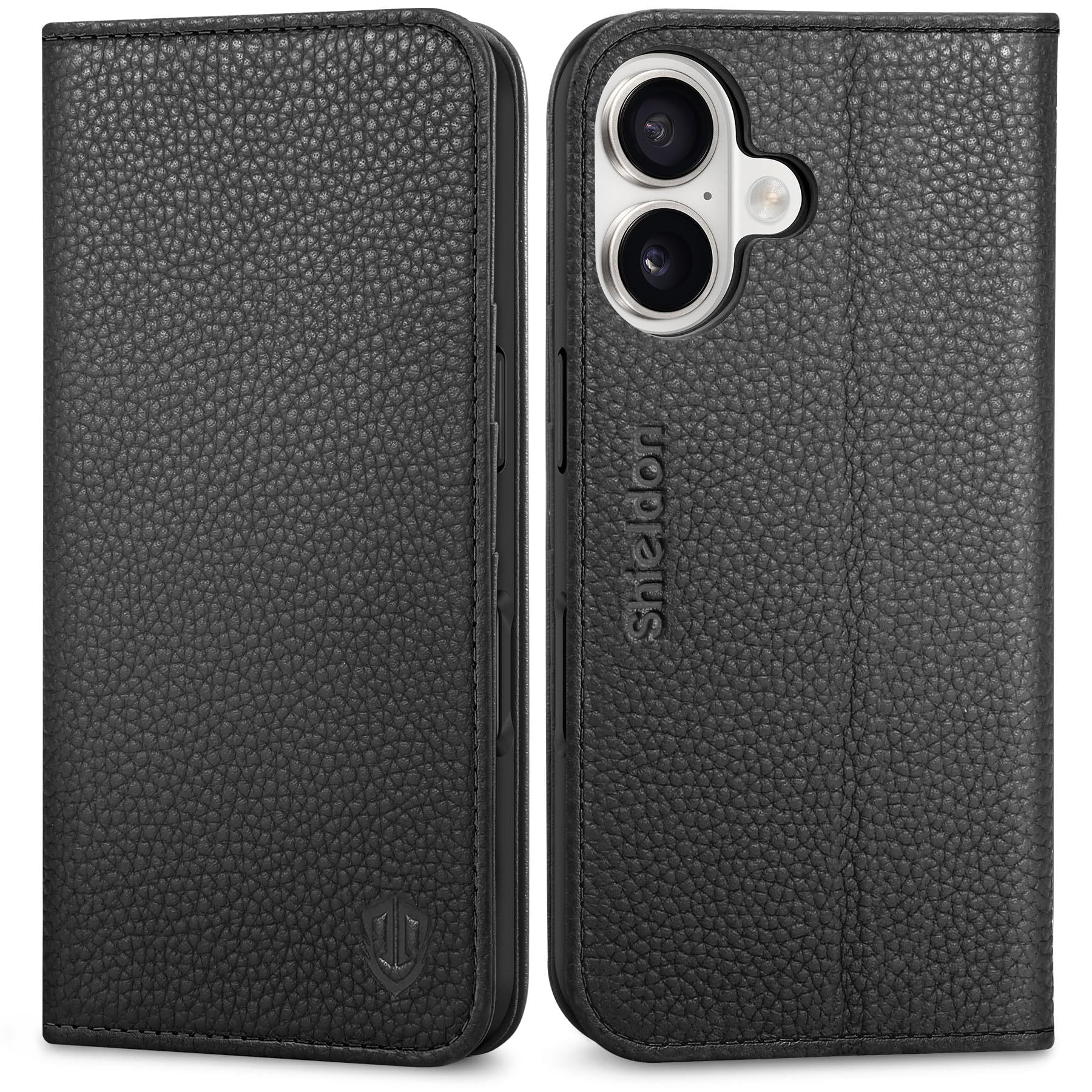 SHIELDON Case for iPhone 16 5G, Genuine Leather Wallet Folio Case with Card Holder [Viewing Stand][RFID Blocking] Magnetic Protection Folding Book Case Compatible with iPhone 16 6.1" - Pebbled Black