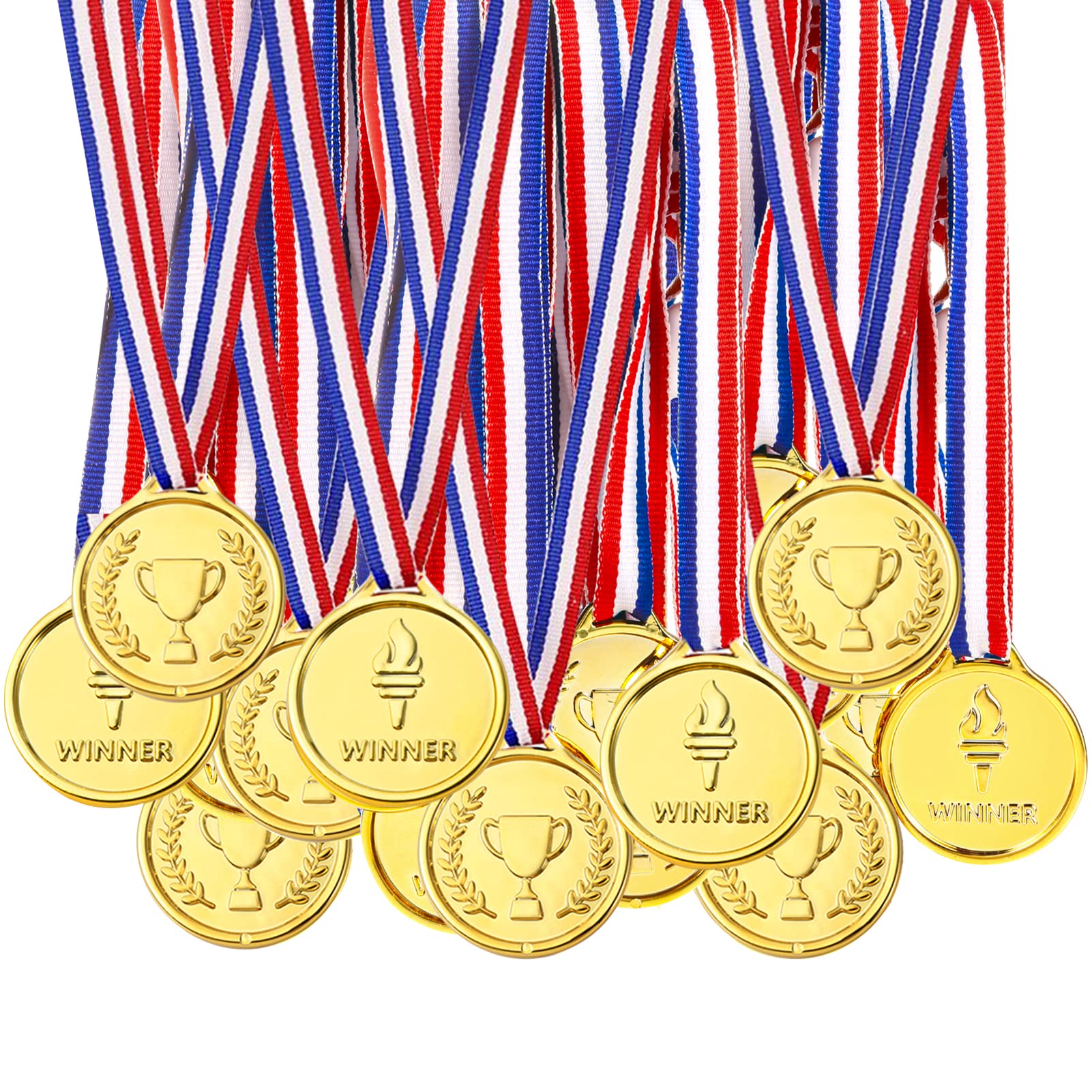 Pllieay 48 Pieces Kids Medals Plastic Gold Winners Medals with Ribbons for Children Sports Day, Party, Competition, Party Game Toys, Prizes