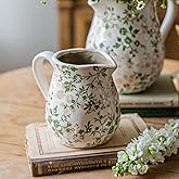 Vintage White and Green Floral Ceramic Vase with Handle, Retro Ice Glazed Crack Farmhouse Pitcher Vase for Home Decor, Living Room, Shelf, Office, Rustic Table Centerpiece 6 Inch