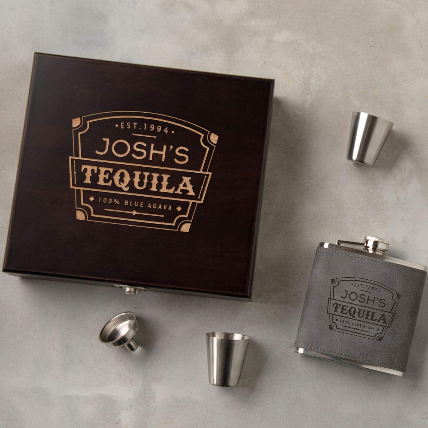 Personalised Tequila Label Style Hip Flask Set Unique Birthday Gift