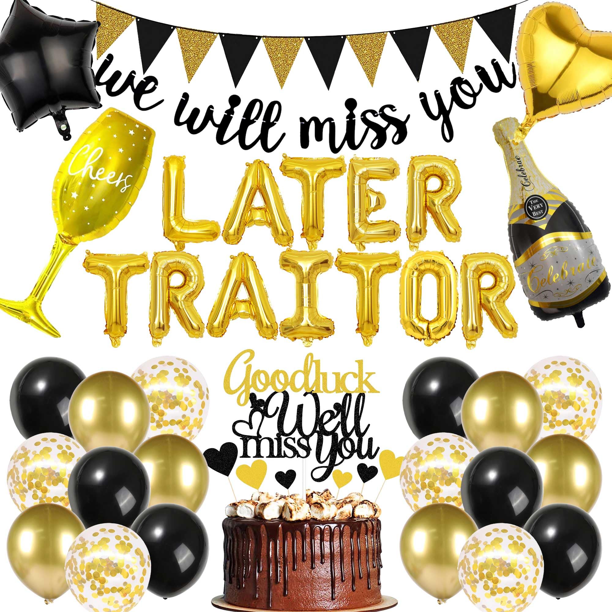 Leaving Party Decorations Balloon Set - 37Pcs Black Gold Theme Retired Balloons Including We Will Miss You Banner, Later Traitor Letter Black and Gold Balloons for Good Luck Retirement Party Supplies