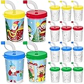 Cinrobiye 12 Set Operation Christmas Bulk DIY Christmas Coloring Cups 8oz Paint Your Own Plastic Mugs with Lids and Straws Personalized Drinking Cups for Xmas Classroom Party Gift Craft Supplies