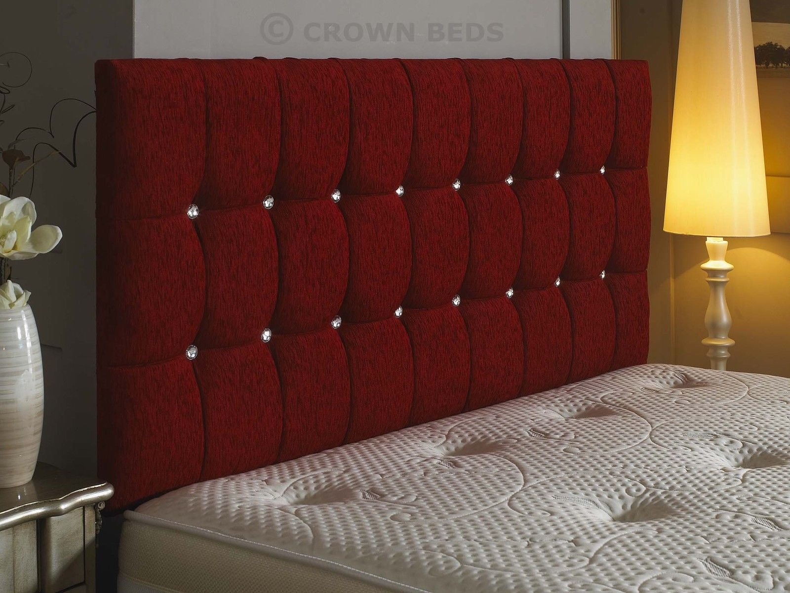 CROWNBEDSUK Omega diamante chenille headboard in 2ft6,3tf,4ft,4ft6,5ft,6ft (5FT KINGSIZE, Red)