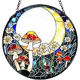 TNUW Mushroom Flower Moon Stained Glass Window Hanging, Mushroom Sun Catchers Indoor Window Glass Round Wall Art Decor, Cottagecore Floral Wall Hanging Decorations, 7.9＂x7.9＂