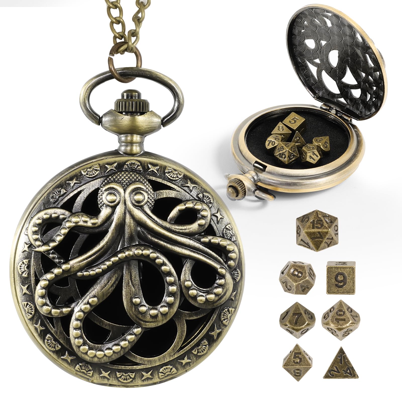 Banloga D&D Dice Set,7PCS Metal Dice for Dungeons and Dragons,Mini Dice Set with Pocket Watch Case,Role Playing Board Games Accessories (Octopus, Bronze)