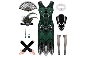Women's 1920s Flapper Dresses, Lace Fan Feather Headband Sequin Beaded Fringes Vintage V Neck Roaring 20s Accessories