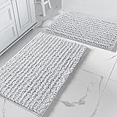 Yimobra Bathroom Rugs Sets 2 Piece - Quick Dry Extra Thick Luxury Chenille Bath Mat, Non Slip Super Absorbent for Tub Shower Sink, Machine Washable Shaggy Floor Mat, 32"x20"+24"x17" Inch, Silver