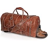 24 Inch Leather Duffle Bags for Men Large Full-Grain Buffalo Leather Overnight Gym Bag, Luggage Weekend Travel Bag for Men & Women, Carry On Airplane Cabin Bag with Shoe Compartment