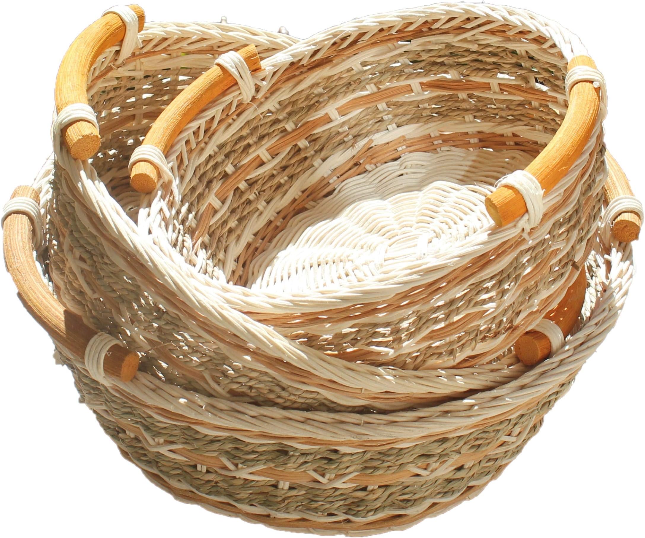 ShopOnNet RT450120-3 Handwoven Round Wicker Storage Basket Curve Pole Handle in Gray and Brown (Set of 3)