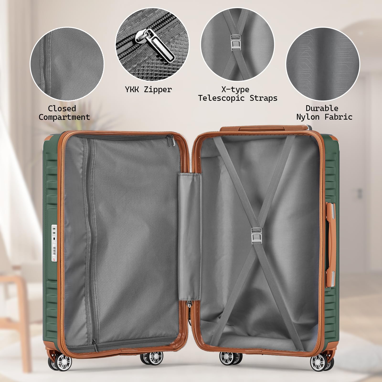 Melalenia Luggage Sets 7 Piece Hard Shell Carry on Suitcase with Spinner Wheels and TSA Lock, Lightweight Travel Duffel Bag for Women, Men, Green Brown