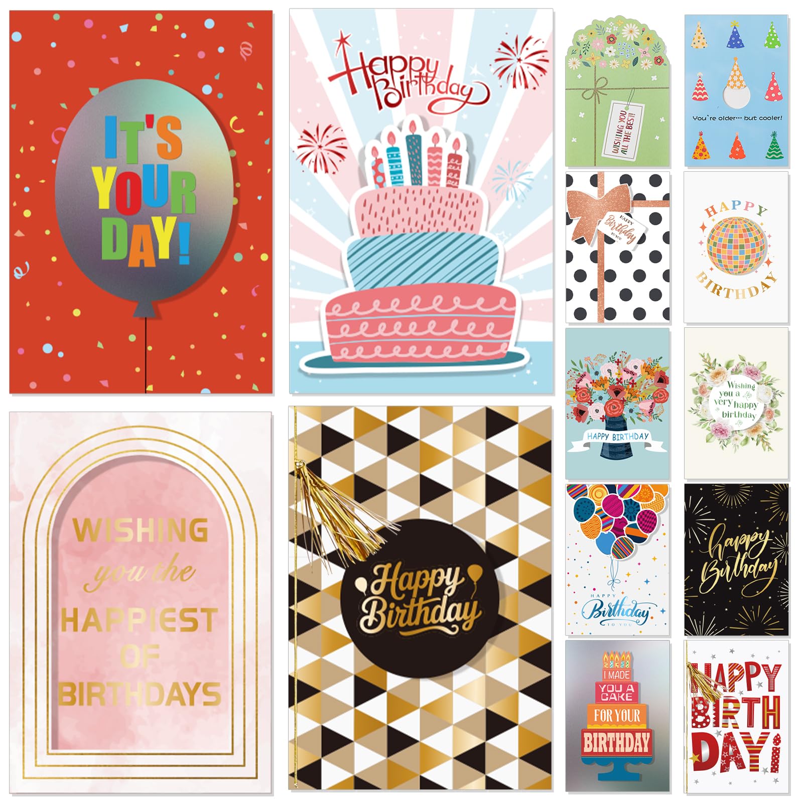Photo 1 of 14 Pack 3D Handmade Birthday Cards Bulk with Envelopes, Unique Greeting Cards for Women & Men, 4.7×6.8 Inch, Gold Foil, Glitter, Happy Birthday Cards with Printed Messages – For Friends, Family, Coworkers