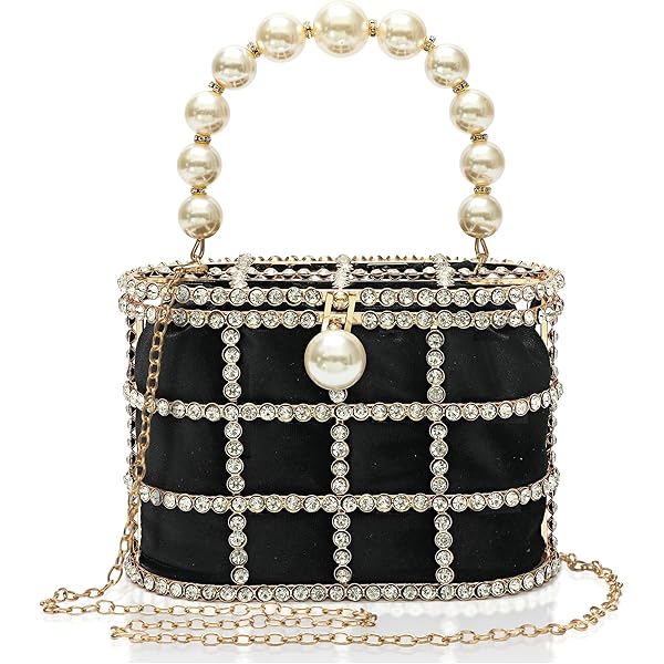 QZUnique Borsa Da Sera Floreale Donna - Pochette Con Angelo In Rilievo E Rosa, Borchiatura Oro Con Catena Di Perle, Stile Barocco