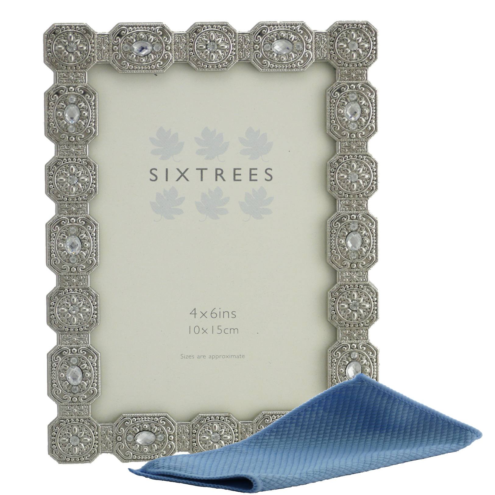 Sixtrees Sarah Antique Vintage and Shabby Chic Style silver metal photo frame with beads and crystals for a 6" x 4" (152 x 102mm) picture. - Complete with our microfibre cleaning cloth — image 1