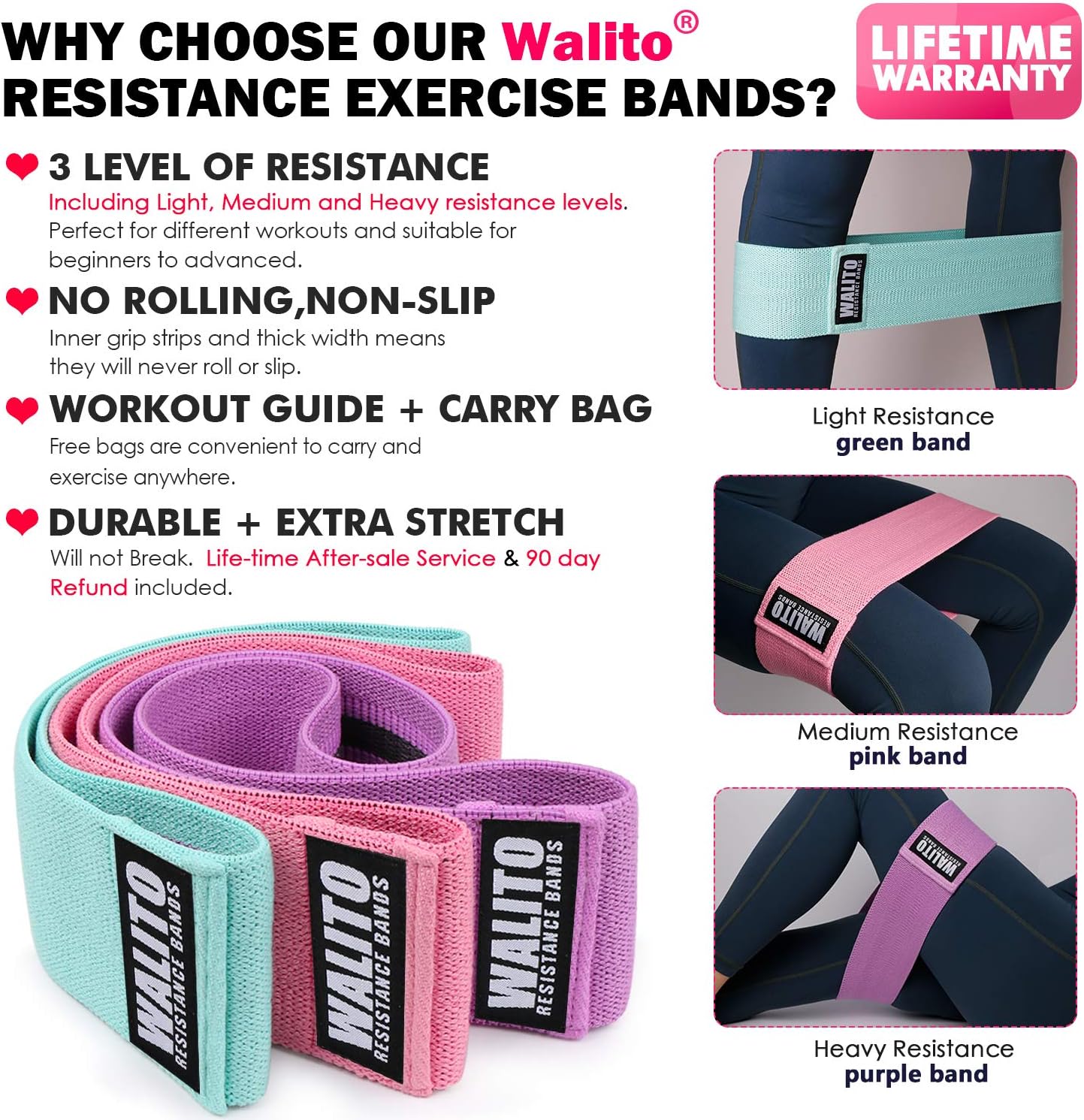 Walito Resistance Bands for Legs and Butt, Exercise Bands Set Booty Bands Hip Bands Wide Workout Bands Sports Fitness Bands Resistance Loops Band Anti Slip Elastic (Set 3) : Sports & Outdoors