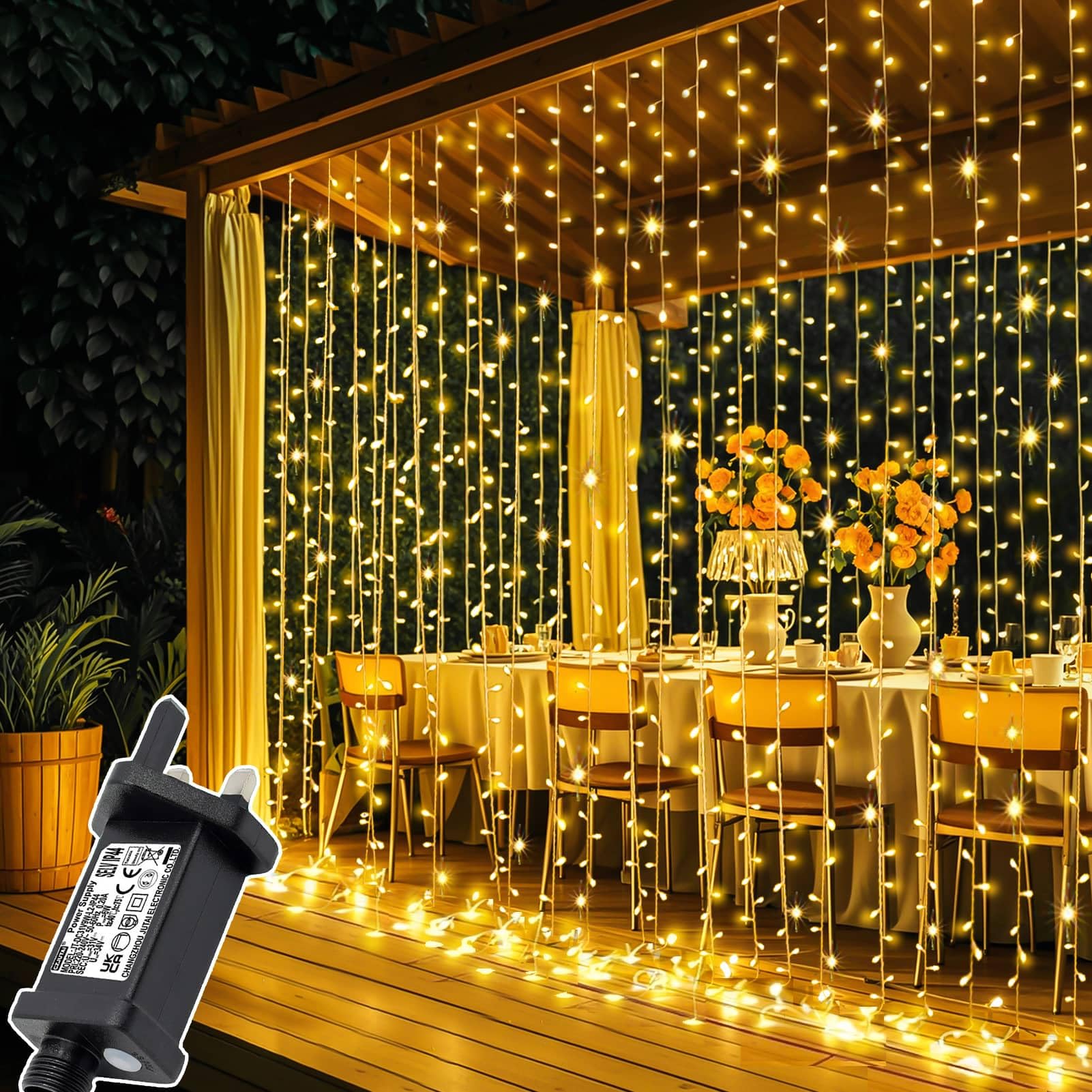 Joycome Curtain Lights, 3m x 3m 300 LED Curtain Fairy Lights Plug in, 8 Modes/Timer/Connectable Hanging Fairy Light, Waterproof String Light for Bedroom Wall Gazebo Window Pergola Wedding (Warm White)