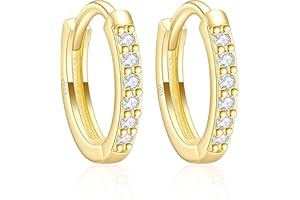QLKILYR Huggie Hoop Earrings, 925 Sterling Silver 14K Gold Plated Cubic Zirconia Cuff Earrings for Women Girls, Sparkle Hypoallergenic Small Cartilage Piercing Stud